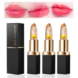 BLUE LOVE 3 Pcs/Set Flower Jelly Lipstick Set, Color Changing Flower Lipstick Jelly Clear Lip Balm with Flower Inside, Moistrurizer Lip Stick Long Lasting Nourishing Lip Gloss (3Pc Gold)