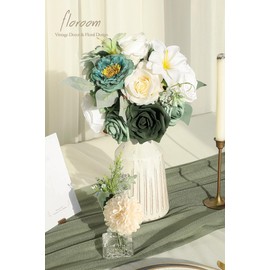 Floroom Sage Green Artificial Flowers Cream White Fake Roses Peonies Dahlia Greenery Combo Box Set for DIY Wedding Bouquets Bridal Shower Centerpieces Floral Arrangements Party Tables Home Decoration
