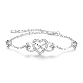 Praelinos Infinity Love Heart Bracelet for Women Birthstone White Gold Plated Silver Tone 5A Cubic Zirconia Adjustable Chain Christmas Birthday Mother’s Day Jewellery Gift for Mom Girls Girlfriend