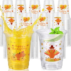 AcpopbM Thanksgiving Cups, 60Pcs 12 oz Fall Plastic Cups Fall Disposable Cups Autumn Pumpkin Maple Leaves Drinkware Decorations for Happy Thanksgiving Party Supplies