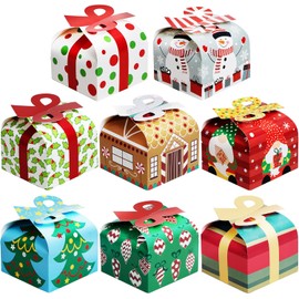 JOYIN 24 PCS 3D Christmas Goody Gift Boxes with Bow for Holiday Xmas Goodie Paper Boxes, School Classroom Party Favor Supply, 6” x 6” x 5.5” 8 Designs Candy Treat Cardboard Cookie Box for Gift Giving