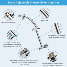 Hibbent 16" Solid Brass Shower Head Extension Arm with 2 Lock Joints Adjustable Height - Chrome