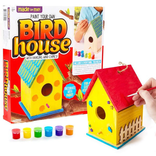 Made By Me Build & Paint Your Own Wooden Bird House Horizon Group USA, DIY Birdhouse Making Kit, Includes Paints, Brushes, Glue & Wind Chimes
