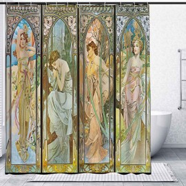 NTETSN Art Nouveau Lady Shower Curtain, Art Times of The Day, Alphonse Mucha Morning Awakening Daybreak Evening Reverie Night's Rest Screen Fabric Shower Curtains with Hooks, 72" x 78" YLZYNT564
