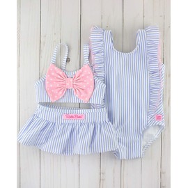 RuffleButts® - Traje de baño de una Pieza con Correa de Volantes y protección Solar UPF 50+, Hierba Doncella Azul Seersucker, 7 Años