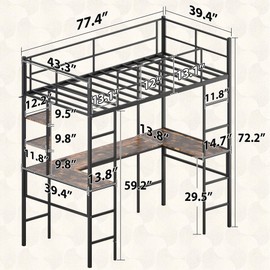 Azaeahom Loft Bed with U-Shaped Desk, Metal Twin Loft Bed Frame with LED Lights, Charging Station, Storage Shelves, Safety Guard & Double Ladder, bunk Bed, No Box Spring Needed, Black
