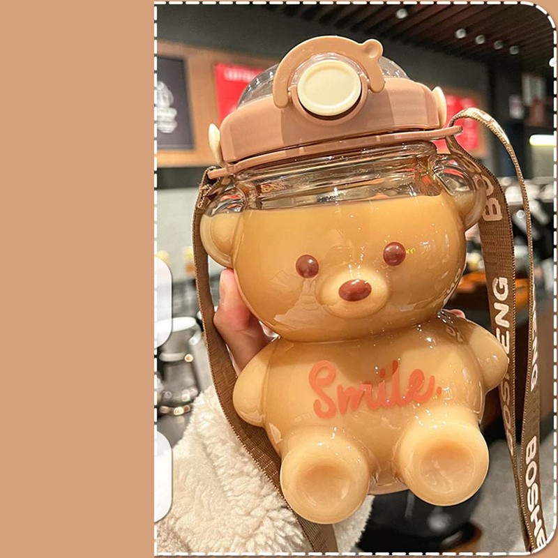 Kawaii Bear Girls Portable Water Bottle with Straw and Adjustable