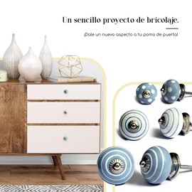 Set of 8 White and Grey Ceramic Knobs Hand Painted with Assorted Designs Handmade Handles for Cupboards, Drawers, Dressers and Hangers Classic Knobs 40mm Diameter