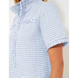 COZYPOIN Womens Tweed Mini Dress Elegant Front Half Zipper Short Sleeve Casual Work Straight Tube Dress with Pockets Blue