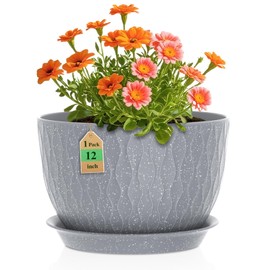 WSMKSZ 12 Inch Wide Water Ripples Flower Pots for Indoor or Outdoor Plants, Large Plant Pot with Drainage Holes & Saucer, Big Plastic Flower Pots Set for Gaden Home (Grey with White Speckles)