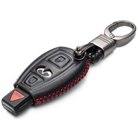 Vitodeco Genuine Leather Smart Key Fob Case Cover Protector with Leather Key Chain for 2017 - 2018 Infiniti QX30 (3-Button, Black/Red)