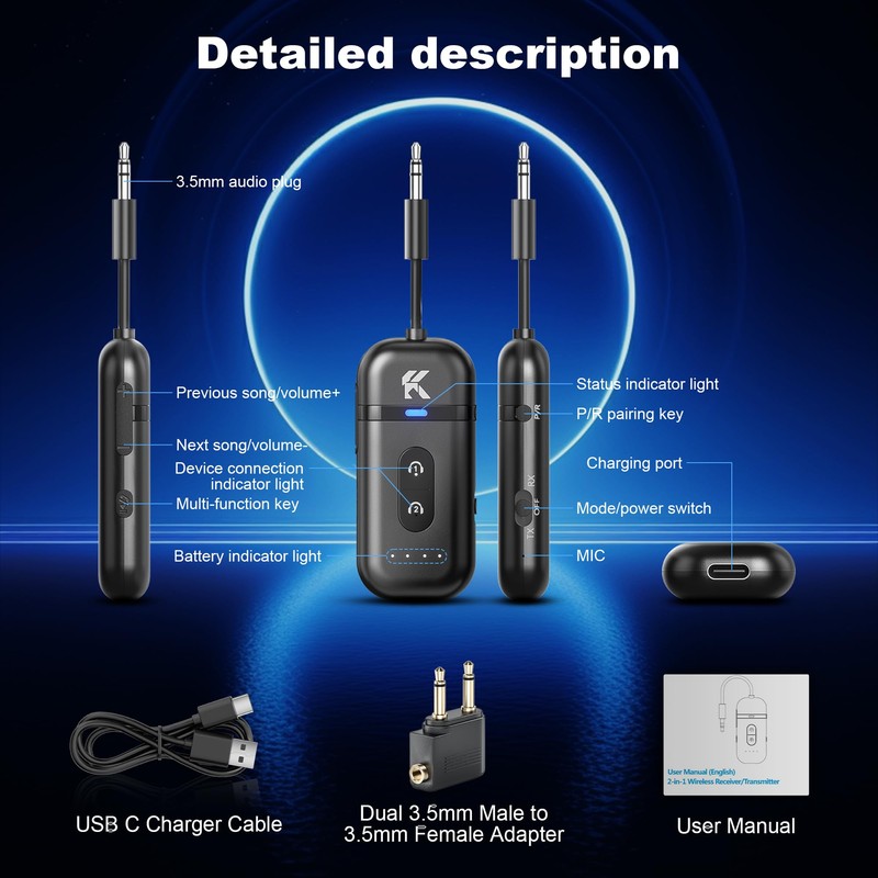 2026 Upgraded Bluetooth 5.4 Transmitter Receiver, 2-in-1 Airplane Bluetooth Adapter,