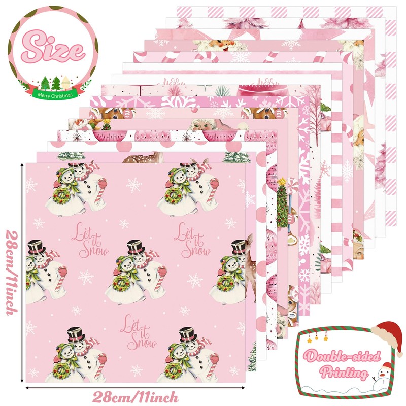 8TEHEVIN 60 Sheets Pink Christmas-Theme Patterned Paper, Vintage Scrapbook Wrapping