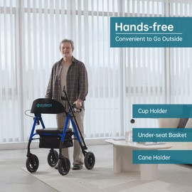 ELENKER All-Terrain Rollator Walker with 10” Non-Pneumatic Wheels, Sponge Padded Seat and Backrest, Fully Adjustment Frame for Seniors, Blue