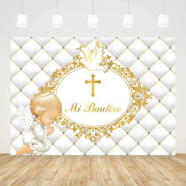 SENDY 7x5ft Mi Bautizo Backdrop Polyester Little Angel White Pigeon Baby Baptism Photography Background First Holy Communion Religious Christening Party Decorations Banner Photo Booth Props