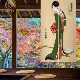 LIGICKY Noren Japanese Style Doorway Curtain Ukiyoe Geisha Girl Painting Long Type Door Tapestry Asian Window Treatment for Home Sushi Kitchen Decoration 33.5" Width x 59" Long