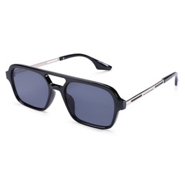 COASION Retro Pilot Sunglasses for Mens Womens Vintage 70s Flat Square Metal Design UV400 Protection Lens(Black Frame/Grey Lens)