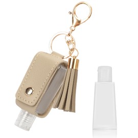 Unaone 1oz/30ml Hand Sanitizer Holder Travel Size, Empty Bottle Leather Sanitizer Holder with Keychain Portable Small Squeeze Bottle Refillable Container for Toiletry Lotion Liquid Soap Shampoo Beige