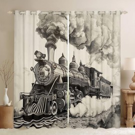 Erosebridal Vintage Train Window Curtains Drapes 42" Wx90 L Train Country Locomotive Curtains for Kids Teens Adults Wooden Wagons Window Treatments Rail Road Smoke Room Decor