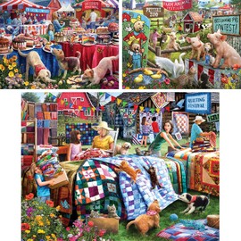 Bits and Pieces - Value Set of Three (3) 500 Piece Jigsaw Puzzles for Adults - Each Puzzle Measures 18" x 24" - 500 pc Desserts, Farm Animal, Quilting Festival Jigsaws by Artist Larry Jones
