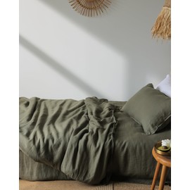 XZ XIFA Olive Green Linen Duvet Cover Twin, 100% Washed French Flax Linen Bedding Set with Zipper Closure, Cooling & Textured Bed Sets for Hot Sleepers(1 Duvet Cover, 1 Pillowcases)