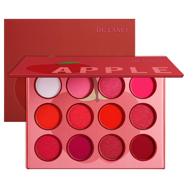 Red Pink Eyeshadow Palette, DE’LANCI Professional Matte Shimmer High Pigmented 12 Colors Eye Shadow Makeup Pallet, Waterproof Blendable Small and Cute Eye Shadow Makeup Pallete, Vegan and Cruelty Free
