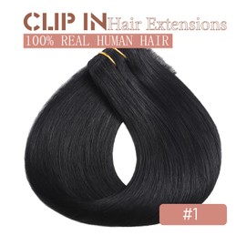 Clip in Hair Extensions Real Human Hair 14 Inch Jet Black #1 Soft Clip in Hair Extensions for Women Easy to Styling Straight Remy Human Hair Extensions 80g/2.82oz 5pcs