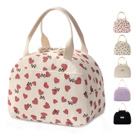 GODWOODS Corduroy Lunch Bag with Cotton Webbing Handles - 6.65L Thermal Insulated Food Tote, Leakproof Reusable Meal Prep Container for Office, Picnics & Travel (25x14x19cm) (Love)