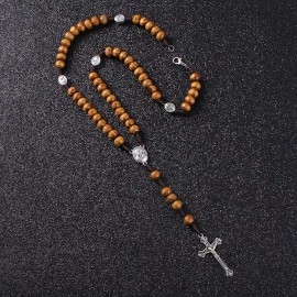 Catholic Wood Rosary Beads Cord Necklace w Jerusalem Holy Soil Center And Clasp