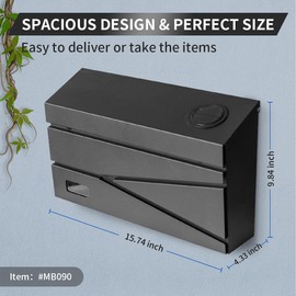 Ydocabinit Wall Mount Mailbox, Large Capacity Mailbox for House, Visibility Galvanized Steel Rust-Proof Metal Post Box Drop, Mailboxes for Outside, 15.74"×9.84"×4.33" Solar Lanterns Black