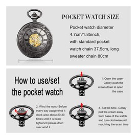 MICGIGI - Unisex Pocket Watch with Necklace Chain Analogue Hand Winding Black Roman Numerals Mechanical Pocket Watches