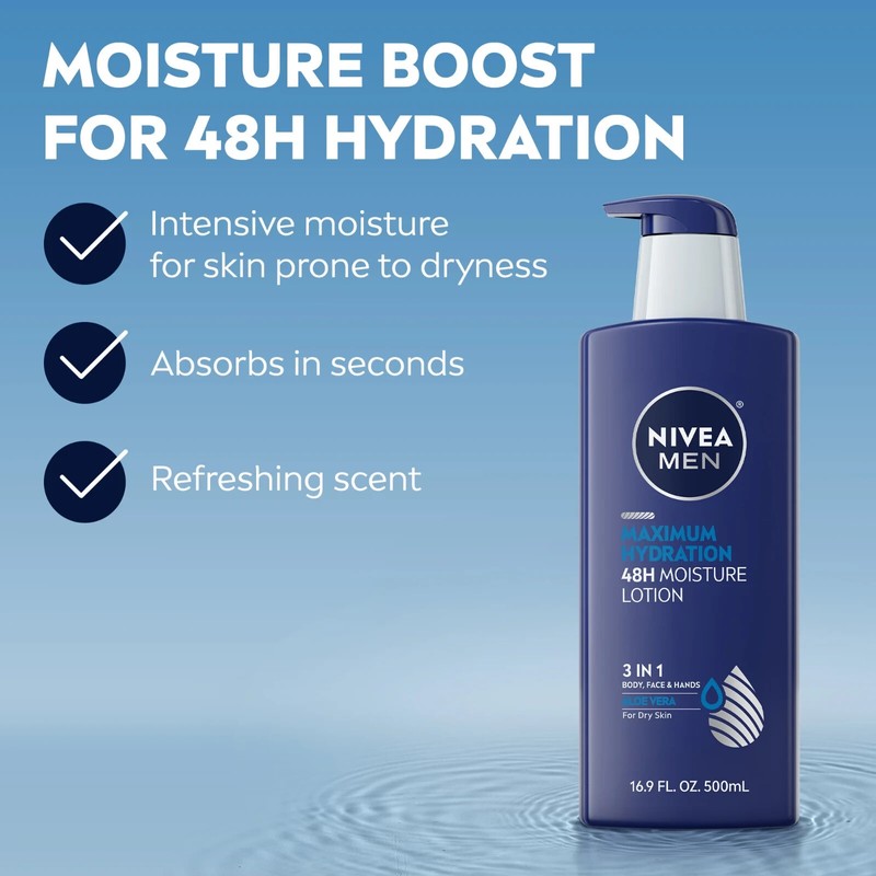 NIVEA MEN Maximum Hydration Body Lotion 3-In-1 Lotion for Men,
