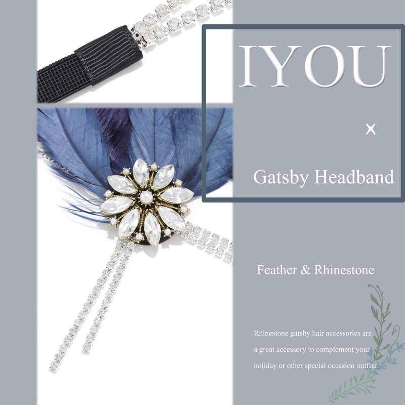 IYOU 1920s Feather Flapper Headdress Blue Crystal Gatsby Headband Prom
