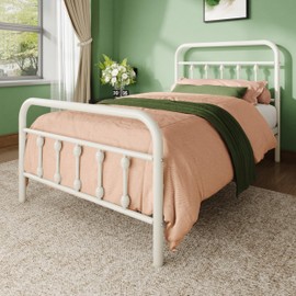 Allewie 14 Inches Twin Size Metal Platform Bed Frame with Victorian Style Iron-Art Headboard/Footboard, Mattress Foundation, Easy Assembly, Under Bed Storage, No Box Spring Required, White