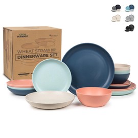Grow Forward 16-piece Premium Wheat Straw Dinnerware Sets for 4 - Unbreakable Dishwasher & Microwave Safe Plastic Plates and Bowls Sets - Patio, Outdoors, RV, Camping Dishes - Tropical
