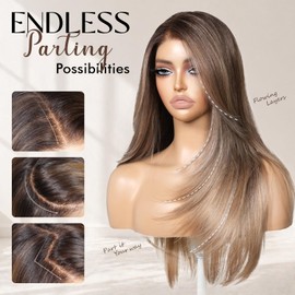 ENCOUNTERU HD Lace Frontal 13x6 Brown Ombre Synthetic Wig with Bangs Pre Plucked Pre Cut Lace Glueless Wig Wear and Go Straight Layered Wigs 24 Inch Chic and Realistic