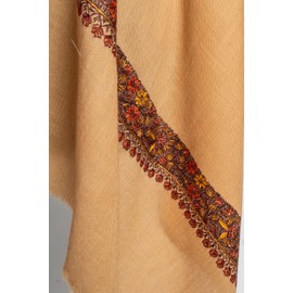 Kashmkari Saffron Merino Wool Scarf with Vibrant Sozni Embroidery – Rich Red and Earthy Floral Motifs – Lightweight and Luxurious.