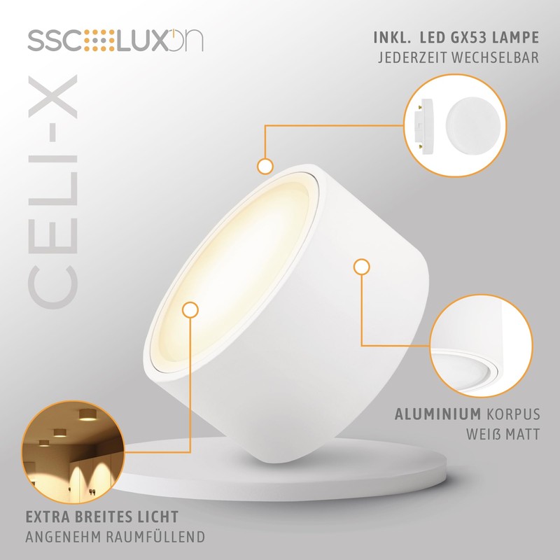 SSC-LUXon CELI-X LED Surface-Mounted Spotlight, Flat, Dimmable, Large Light Area,
