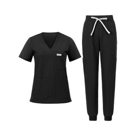 Nucabel Scrubs for Women Set, V-Neck Top & Cargo Jogger Pants, 9 Pockets, Yoga Waistband, Comfort Fit Nursing Uniform - M - Black