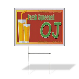 Fastasticdeals Weatherproof Yard Sign Fresh Squeezed Oj Restaurant Cafe Bar Yellow Lawn Garden Juice 18x12 Inches 1 Side Print
