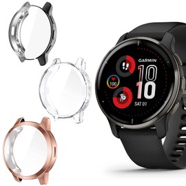 Venu 2 Plus Case, Lamshaw All-Around Protective TPU Bumper Cover Screen Protector Case Cover Compatible for Garmin Venu 2 Plus Smartwatch (3 Pack-Clear+Black+Rose Gold)