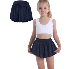 Flowy Shorts for Teen Girls with Spandex Liner 2-in-1 Youth Butterfly Skirts Tennis Running Fitness Sports Dance Skort Navy 9-10Years