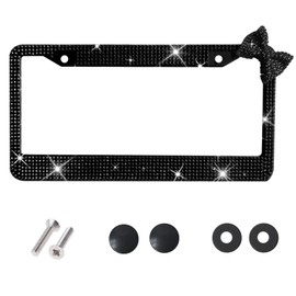 Wanheart Bling Rhinestone License Plate Frame Sparkly Car Tag Cover Stainless Steel Decorative Auto Accessory for Women Sleek Dark Minimal Gift Bow (Black Frame + Black Bow)