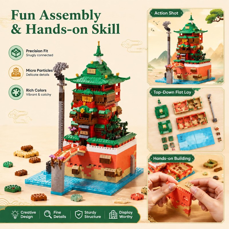 APENGBAOL Japanese Bathhouse Micro Building Blocks, 2657PCS Steampunk Architecture Building
