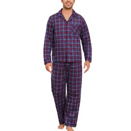 ENJOYNIGHT Mens 100% Cotton Flannel Pajamas Set Plaid Button Pjs Long Sleeve Sleepwear(Small, Blue)