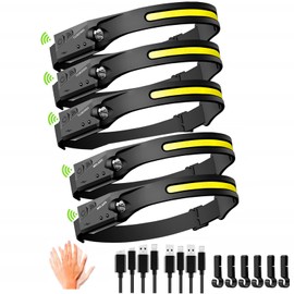 Headlamp Rechargeable, 230° Wide Beam Head Lamp,Portable Lightweight headlaght with Motion Sensor- Adults Camping Accessories Gear,Waterproof Head Light Flashlight for Cycling Fishing Repairing (5PCS)