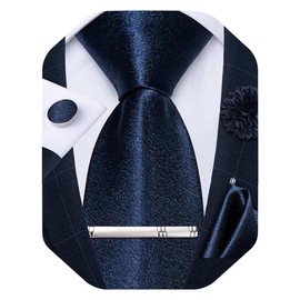 DiBanGu Mens Satin Tie with Lapel Pin Tie Clip Shiny Solid Color Necktie and Pocket Square Cufflinks Set for Wedding Party, Navy Blue
