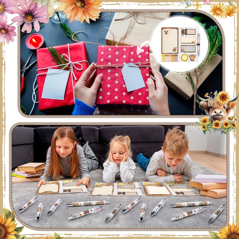 Sayglossy 6 Pack Highland Cow Sticky Notes and Pens Set