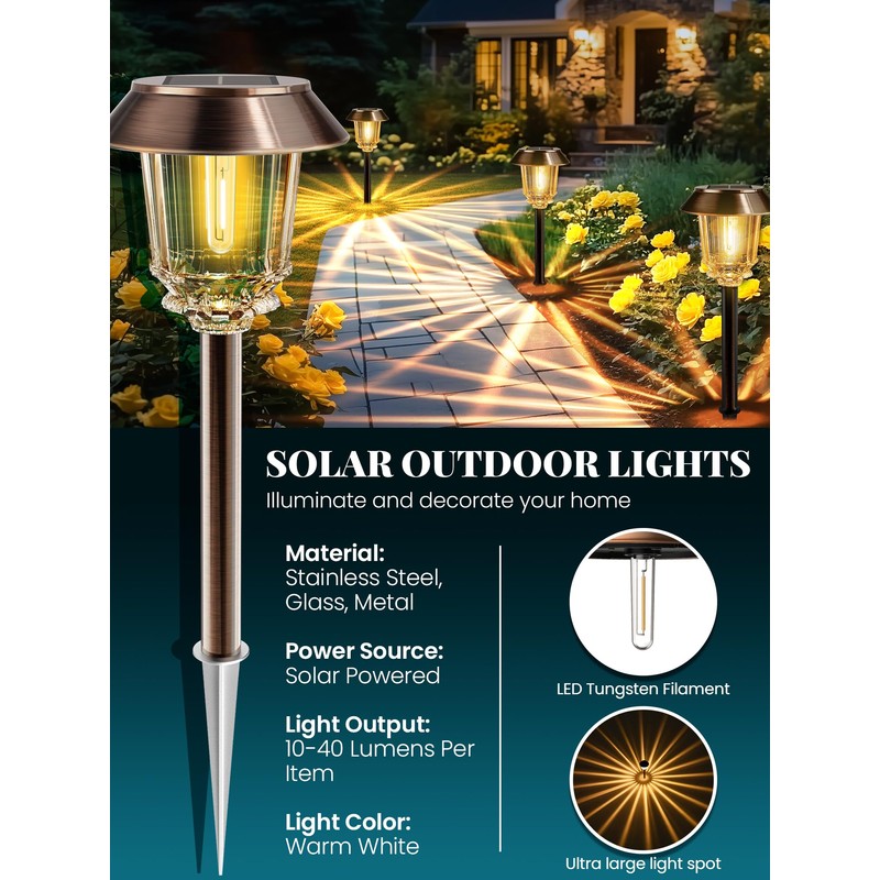 HMDecor Solar Lights Outdoor Waterproof,6 Pack Bronze Pathway Lights with