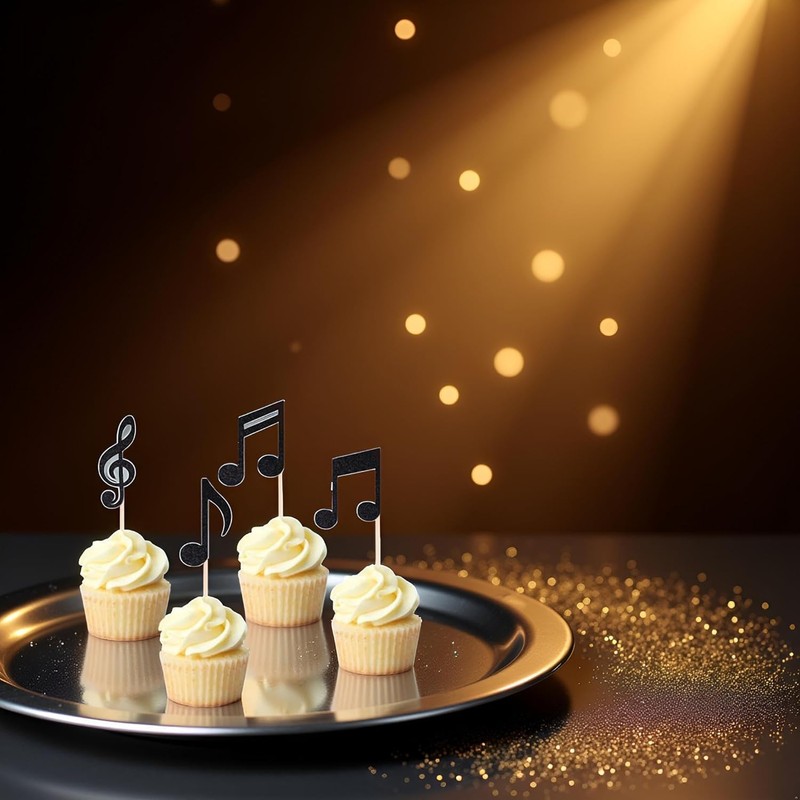 36pcs Musical Notes Cupcake Toppers，Black Glitter Note Cupcake Picks For